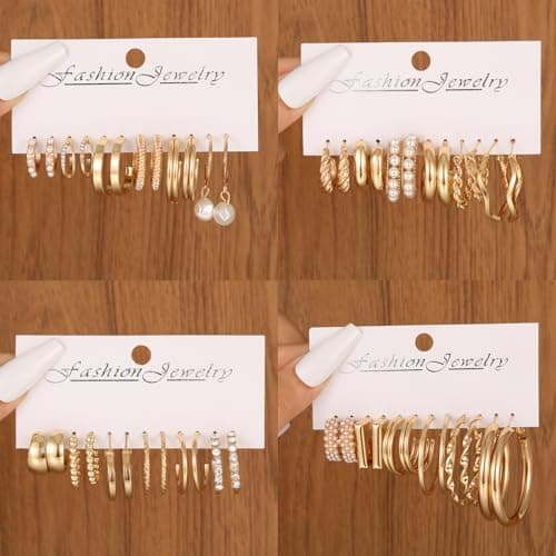 42 Pairs Gold Hoop Earrings Set for Women, Fashion Chunky Pearl Earrings Multipack Twisted Statement Earring Pack, Hypoallergenic Small Big Hoops Earrings for Birthday Party (Gold-45 pairs) - Thumbnail 4