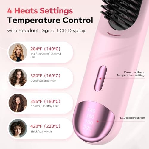 Go Brush Pro for Short Hair Hair Straightener Brush Cordless & Portable with 300M Negative Ions, 4 Temps Fast Heating, Game Day Ready Styling Tool for Watch Parties, Travel & Daily Use Nude Pink - Thumbnail 5