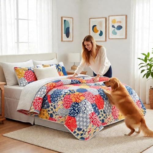 Andreannie Boho Quilt Set King Size, Reversible Floral Geometric Honeycomb Pattern Bedspread, Soft Lightweight Microfiber Bedding Coverlet, All Season Bohemian Quilt with 2 Pillow Shams, 3 Pieces - Thumbnail 6