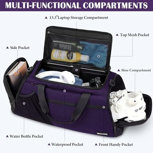 BECOJADDE Gym Bags for Men Women 40L Large Gym Backpack Multiple Pockets Sport Duffle Bags with Shoe & Wet Compartment for Workout Travel Weekend Overnight Purple - Thumbnail 2