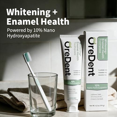 OreDent Fluoride Free 10% Nano Hydroxyapatite Whitening + Enamel Health Toothpaste, Remineralizing, Sensitivity Relief, Xylitol, SLS Free, Lemon Mint Flavor for Adults & Kids, 4.2 oz - Thumbnail 2