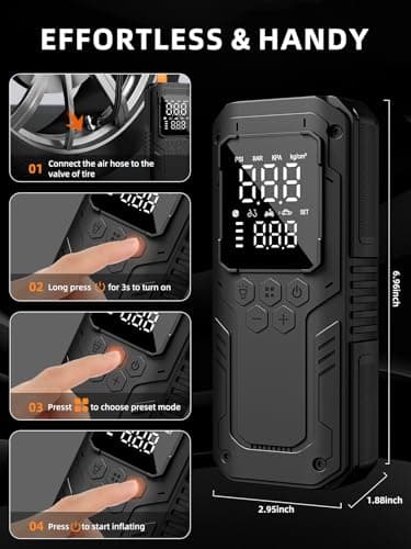 AIRSURE Tire Inflator Portable Air Compressor, 5X Faster Air Pump for Car Tires with Powerful Battery, 12V DC & Autostop, 150PSI Cordless Tire Pump for Car, Motorcycle, Bike, Balls - Thumbnail 6