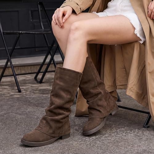 Athlefit Slouchy Mid Calf Boots for Women Fold Over Square Toe Platform Wide Calf Pull On Brown Suede Fall Boots for Travel Vacations Size 11 - Thumbnail 2