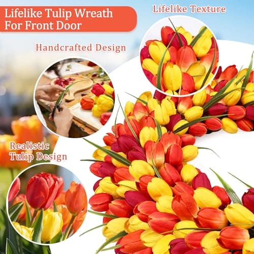 Tulip Wreath Spring Wreaths for Front Door Zmtyykh Artificial Floral Door Wreath for Valentine’s Day Easter Summer Decor for Outdoor Indoor Window Wall Front Porch Farmhouse Home 22" Red Orange Yellow - Thumbnail 2