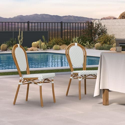 PURPLE LEAF Patio Dining Chair Set of 2 Outdoor French Aluminium Frame in Bamboo Finish with White & Gray Woven Rattan for Indoor Kitchen Deck Bistros Cafe Restaurant - Image 1