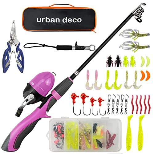 Urban Deco Kids Fishing Pole, Kids Fishing Starter Kit Rod and Reel Combos Portable Telescopic Fishing Rod with Tackle Box for Boys,Girls,Youth,Beginner - Pink