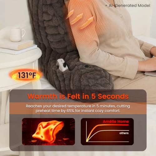 Amélie Home Heated Faux Fur Reading Pillow with Pocket - 3-Temperature Backrest for Sitting in Bed, USB-Powered(No Power Bank Included) Warming (113°F-131°F), 3H Auto Shutoff, Grey, 26 Inches - Thumbnail 5
