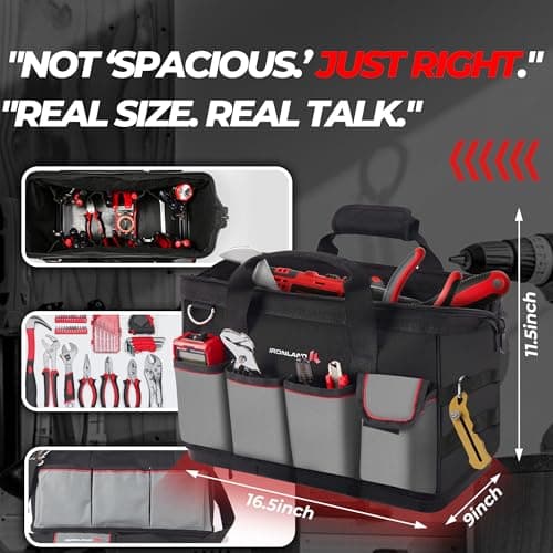 IRONLAND 16.5 Inch Hard & Sturdy Bottom Tool Bag Organizer for Men, Waterproof Heavy Duty Tool Bag with Handle & Large Zipper, Ideal for Mechanics Electrician Handyman Hvac, Great Gift for Dad - Thumbnail 2