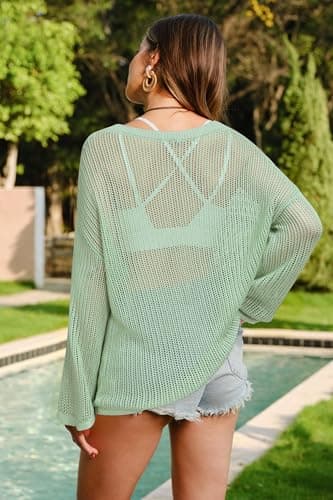 Arach&Cloz 2025 Women's Lyocell Linen Summer Fall Lightweight Oversized Swimsuit Cover Up Off Shoulder Crochet Tops Long Sleeve Boat Neck Shirts Loose Beach Vacation Outfits Casual Cute Green L - Thumbnail 5