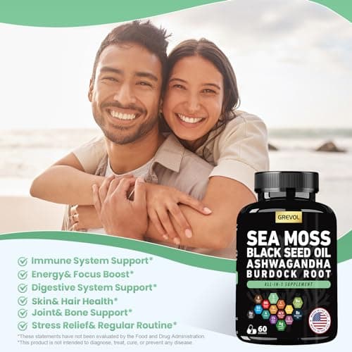 Sea Moss Black Seed Oil Ashwagandha Bladderwrack Burdock Root Turmeric & Vitamin C D3 Elderberry ACV Black Pepper - Multimineral Supplement - 60 Count - Thumbnail 4