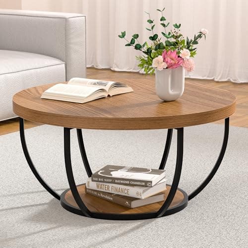TEROL Round Coffee Table, 31" Coffee Table for Living Room Decor, 2-Tier Storage with Steel Frame, Space-Saving Wood Center Table, Modern Style Easy Assembly (Brown)