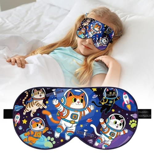Kids Silk Sleep Mask: 100% Mulberry Silk Eye Mask with Adjustable Strap, Soft Blackout Boys Girls Sleeping Mask, Cute Printed Blindfold for Travel/School/Bed, Gift for Ages 5–15 (Space Cat Style) - Image 1