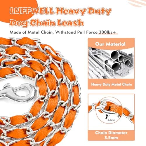 LUFFWELL Heavy Duty Metal Dog Chain Leash with Comfortable PU Leather Padded Handle, Chew Proof for Medium Large Pooch Walking Training (6FT 3.0mm Orange) - Thumbnail 2