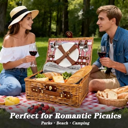 Picnic Basket for 2 - Picnic Basket with Cutlery Kit and Glasses, Insulated Picnic Set with Waterproof Liner, Portable Wicker Picnic Baskets with Lid and Handle for Outdoor, Picnic, Camping, Holidays - Thumbnail 2