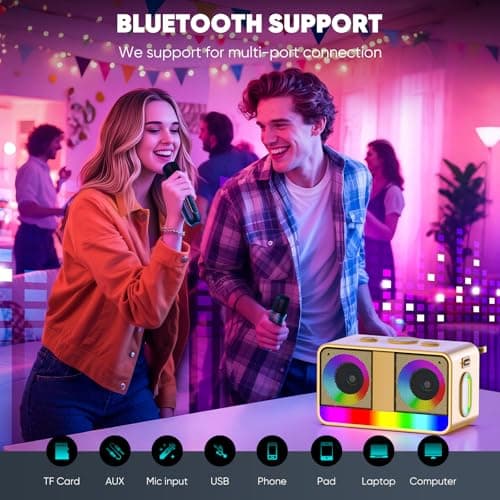 RayangSound Karaoke Machine, Real 35W Portable Speaker,8H Long Time, 2 Rechargeable Wireless Microphones,LED,Karaoke Machine for Adults & Kids,BT/FM/USB/TF/AUX,for Home Party/Outdoors(CHJ171-Golden) - Thumbnail 6