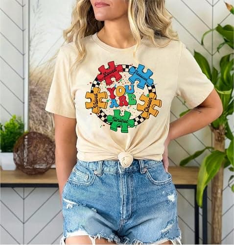 Autism Awareness T Shirt Women Autistic Support Graphic Tee Shirt Casual Puzzle Piece Bleached Tee Tops Apricot - Thumbnail 5