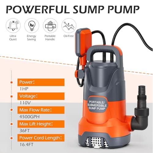 SHANGDA Sump Pump with Float 1HP Clean/Dirty Submersible Water Draining Pump 4500GPH Electric Portable Water Transfer Pumps for Pool Basement Garden Spa Hot Tubs Pond Flood Yard, Orange - Thumbnail 4