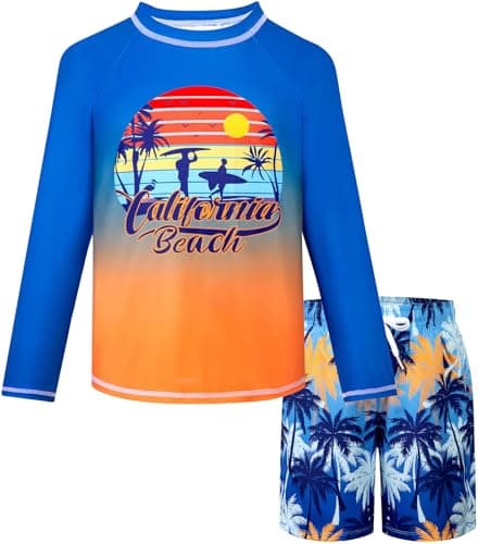 Belovance Boys Two Piece Rash Guard Swim Set Kids Long Sleeve Bathing Suit Swimwear Shirt with Trunks Swimming Suits Surfing Beach Clothes Quick Dry Size 7 8 Blue Orange - Image 1