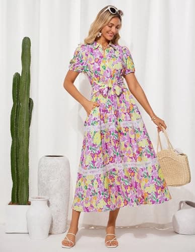 GRACE KARIN Women's 2026 Summer Floral Flowy Dresses Boho Tie Belt Short Puff Sleeve A Line Maxi Shirt Dress with Pocket Purple Yellow Small - Thumbnail 5