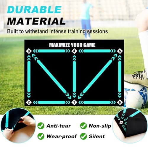 ECENUR Football Footstep Training Mat, Soccer Training Mat 35 * 24IN, Soccer Skills Training Equipment with Storage Bag and Soccer Return Trainer Net (Black-Blue) - Thumbnail 3