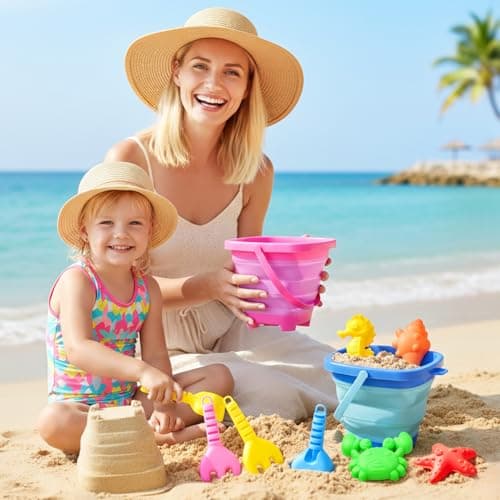 Dreamon Beach Toys for Kids 3-10, Collapsible Sand Castle Toys for Beach Include 3 Pack Foldable Buckets, Shovels Molds and Storage Mesh Bag, Sandbox Travel Toy for Toddlers Kids - Thumbnail 6