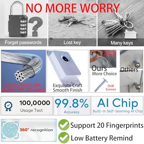 Bstsilver Fingerprint Fridge Lock No Drill w/USB Key, Smart Biometric Cable Latch for Cabinet Drawer Freezer Door Corner Window, Childproof Petproof RV Refrigerator Locks, Furniture Anchors Anti Tip - Thumbnail 5