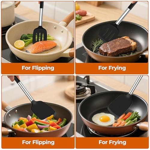 FINENUT Silicone spatula Solid&Slotted Turner Set of 2, for Flipping Fish Pancake Egg,Scratch-Proof for Nonstick Pans,446°F High Heat Resistant BPA-Free Kitchen Cooking(Black) - Thumbnail 2