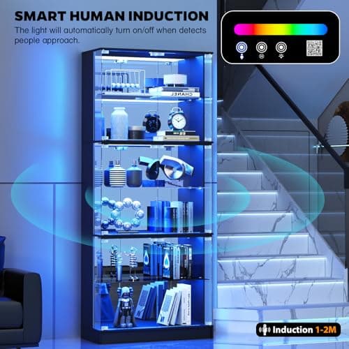 VersionTECH. Display Cabinet with Glass Doors, 6-Tier 71'' Tall Curio Cabinet with RGB Lights for Collectibles, Display Case with Adjustable Glass Shelves, Human Body Sensor, Mirror Backing, Black - Thumbnail 5