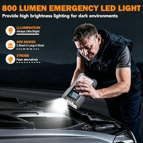 6000A Jump Starter with Air Compressor 160PSI Tire Inflator, 12V Car Battery Fast Charge Portable Jump Starter for All Gas/10L Diesel, Jump Box Pack with 3 Modes Flashlight and Jumper Cables - Thumbnail 6