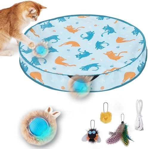 ZOMISIA Interactive Cat Toy Ball, Hide and Seek Cat Toys in Play Mat, Moving Rolling Kitten Toys for Indoor Bored Cats, Motion Activated Rechargeable Kitty Toys with 3 Tails/LED Light/Bird Chirping - Image 1