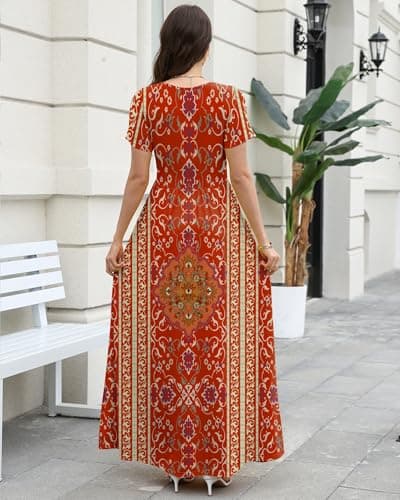 COSSEN Women’s Crewneck Short Sleeve Maxi Dress Red Boho Printed Medium with Pockets – Casual Loose Swing Sundress for Wedding Guest, Beach & Vacation - Thumbnail 2