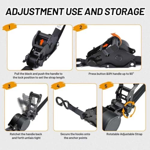 1800LB Retractable Ratchet Straps with Soft Loops(4 Pack), 1" x 12FT Heavy Duty Auto Self Retracting Tie Down Straps for Trucks, Motorcycle, Cargo, Trailer, Moving-Black - Thumbnail 5