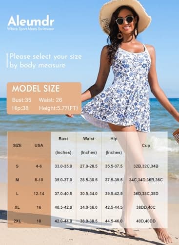 Aleumdr Women's One Piece Swimsuit Floral Print Shell Stitch Swimsuits Tummy Control Scoop Stretchy Modest Bathing Suits with Pocket Rose Small - Thumbnail 6