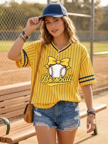 Baseball Jersey for Women Striped Baseball Shirts Funny Game Day Tshirt V Neck Fan Jersey Tee Tops - Thumbnail 3