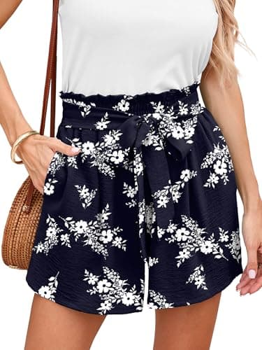 DEARCASE Elastic Waist Shorts for Women Summer Navy Blue White Flowers X-Large Beach High Rise Adjustable Lightweight Tie Knot Drawstring Stretchy Casual Wide Leg Boho Short Pants with Pockets - Image 1