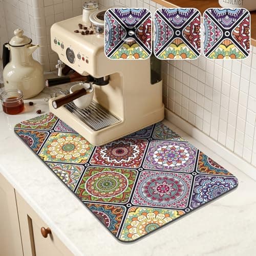 Yamaziot Boho Coffee Mat 12"x20", Floral Dish Drying Mat for Kitchen Counter, Non Slip Coffee Bar Accessories Espresso Machine Dish Rack