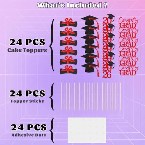 Oeyliz Graduation Cupcake Toppers 2026 Graduation Theme Cupcake Toppers Glitter 2026 Grad Cap Congrats Grad Diploma Cupcakes Toppers 24 PCS For 2026 Graduation Cake Decorations Supplies Red - Thumbnail 5