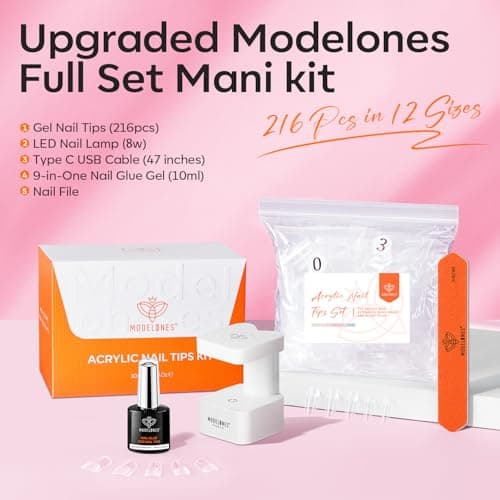 modelones X Nail Gel Kit Kit Short Square, 9-in-One Nail Glue with Portable U V Lamp 216Pcs 12Sizes Pre-Etched Press ons Fake Acrylic Extension Kit DIY Salon Gift for Women - Thumbnail 2