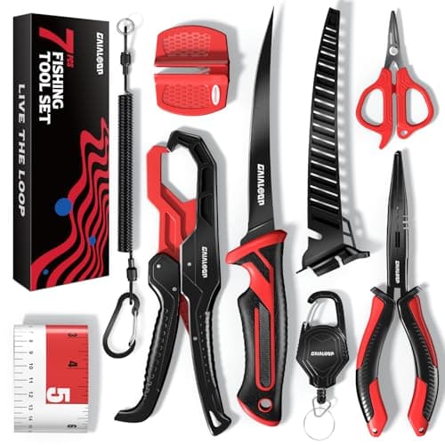 Fishing Tools Kit, 7pc Fishing Pliers Kit with Fillet Knife, Split Ring Pliers, Braid Scissors, Fish Gripper, Ruler, Sharpener & Lanyard, Saltwater & Freshwater Fishing Gear & Fishing Gifts for Men