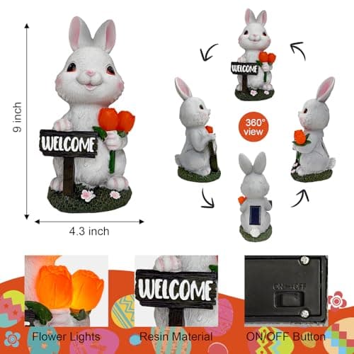 BeePeep Solar Easter Rabbit Garden Statue with LED Lights - Waterproof Resin Bunny Figurine Outdoor Decor for Yard, Patio & Lawn - Unique Hand-Painted Birthday, for Mom & Grandma (9 Inch) - Thumbnail 4