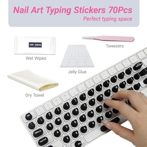 Raised Keyboard Stickers for Long Nails with Letters - Heart-Shaped Antistatic Silicone Protective Cover with Tweezers, Wet Wipes, Dry Towel & Jelly Glue, Ideal for Typing, Gaming & Nail Art (70 Pcs) - Thumbnail 2