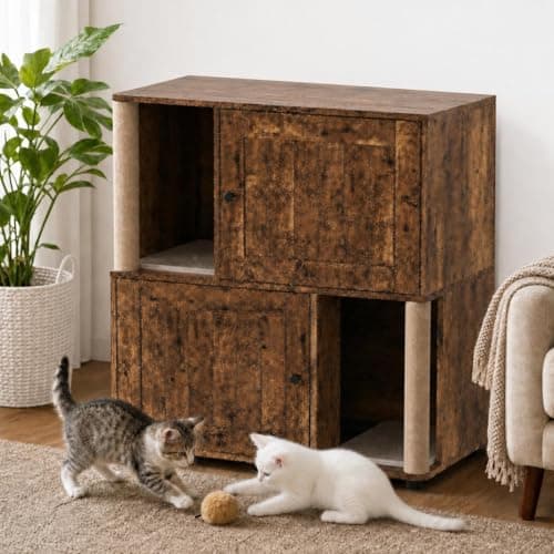 Garvee Double Layer Cat Litter Box Furniture, 2 in 1 Hidden Litter Box Furniture with Scratching Post and Litter Mats, Wooden Corner Cabinet Cat Washroom Bed