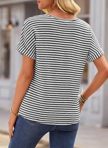 EVALESS Womens 2025 V Neck Striped Cap Short Sleeve T Shirts Fashion Trendy Spring Summer Dressy Casual Tops Loose Fitted Tee Blouses Clothes,White Stripe Large - Thumbnail 3