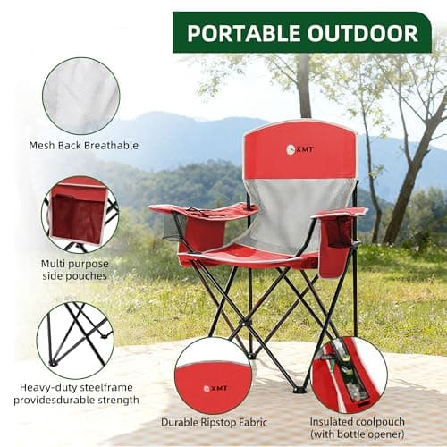 Portable Outdoor Folding Chair with Cup Holder & Cooler Bag - Breathable Mesh, Wide Armrests, Ergonomic Design for Camping, Beach, Backyard - Includes Storage Bag & Bottle Opener (Black/Green/Red) - Thumbnail 3