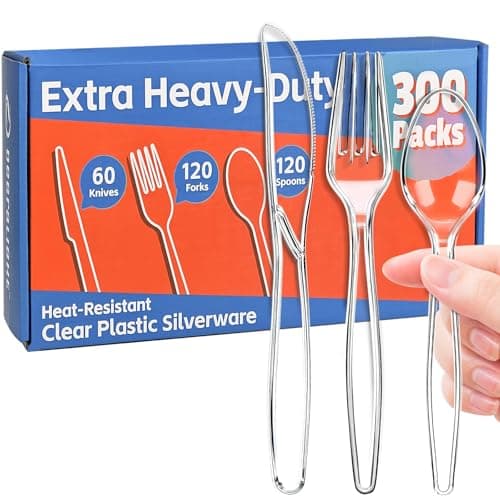 [300 Count] Clear Plastic Silverware Set, Heat Resistant Heavy Duty Plastic Utensils 120 Spoons & 120 Forks & 60 Knives, BPA-Free, Disposable Cutlery Set for Party Supply - Image 1