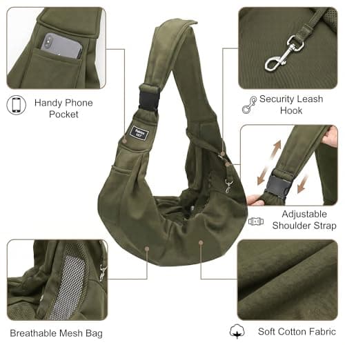 Adjustable Dog Carrier Sling, Hands-Free Pet Shoulder Bag for Small Dogs and Cats, Puppy Carrier Purse for Pet, Travel Safety Essentials (Army Green) - Thumbnail 2