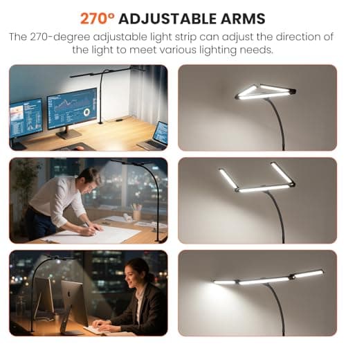 LED Desk Lamp for Office Home, 3 Light Bar Adjustable Desk Light with Clamp, Architect Table Lamp Computer Monitor Lighting, Stepless Dimming Eye-Caring Clip on Light for Workbench Reading Study Black - Thumbnail 4