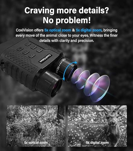 CoxiVision 4K Night Vision Goggles - 3.1'' HD Screen, 5X Digital Zoom, 7-Level IR Illuminator Binoculars with 64GB Memory Card and Detachable 4400mAh Battery - Day and Night Photo and Video Recording - Thumbnail 4