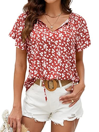 Angashion Women's Summer Tops Casual Floral Print V Neck Ruffle Short Sleeve Loose Tunic T Shirt Blouse 2385 Red 1 XL