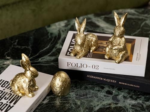 Gleemoria Easter Bunny Decorations for Home – 4 Pieces Resin Gold Bunny & Egg Figurines Set, Gold Decor for Tabletop Display & Home Decorations, Vintage Easter Rabbit Statue - Thumbnail 6